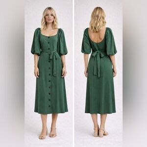 NWOT Lost + Wander Green Puff Sleeve Button Front Midi Dress